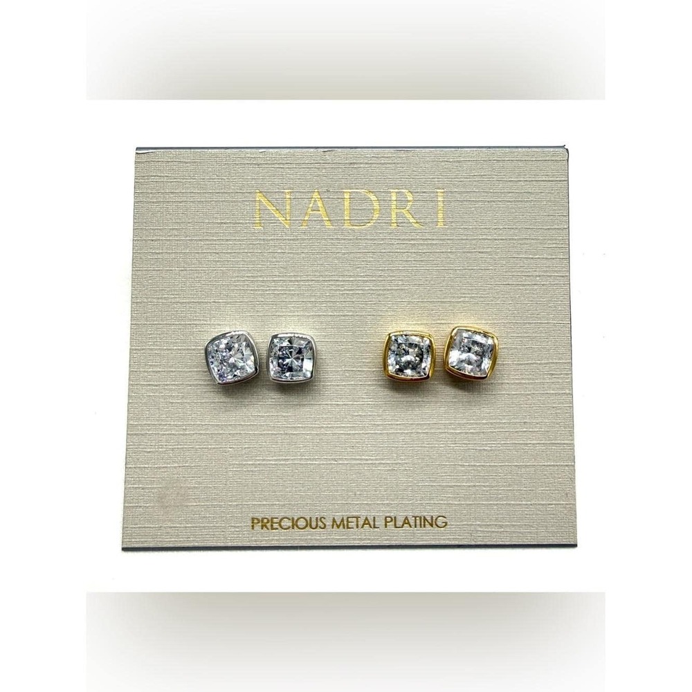 NWT Nadri Coco CZ Stud Earrings Two Tone Silver Gold Bezel Set